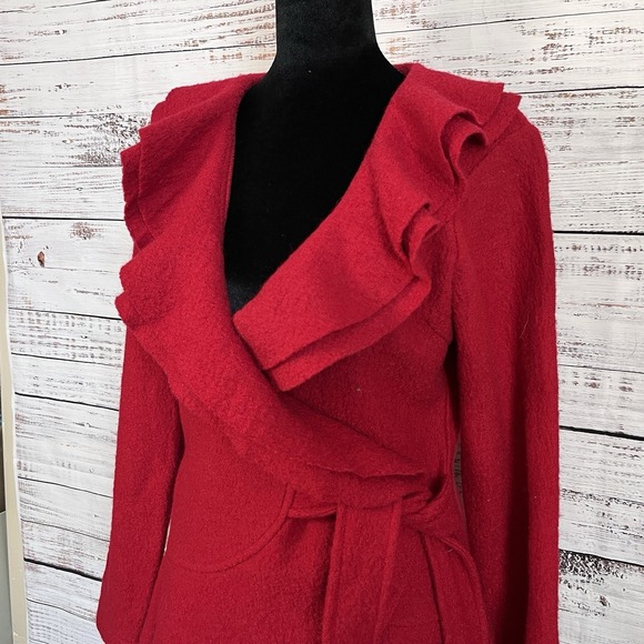 Vtg Marisa Christina Wool Wrap Cardigan Womens S Red Ruffle Collar Hem Dopamine - Picture 3 of 12